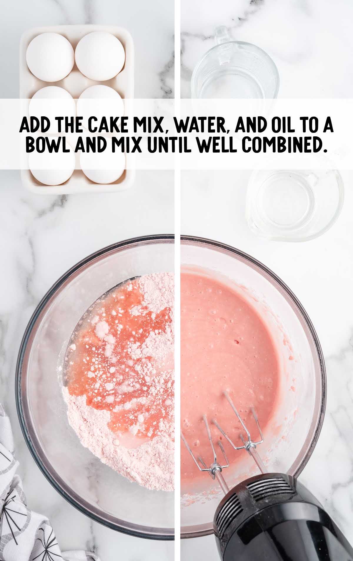 cake mix, water, and oil added to a bowl