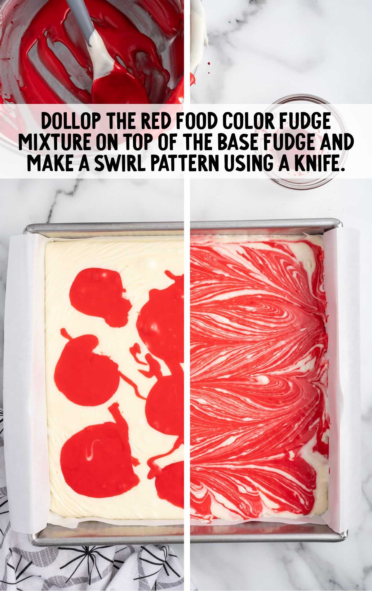 red food coloring dollop on top of the base fudge