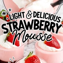 overhead shot of Strawberry Mousse in a cup and a close up shot of Strawberry Mousse in cups