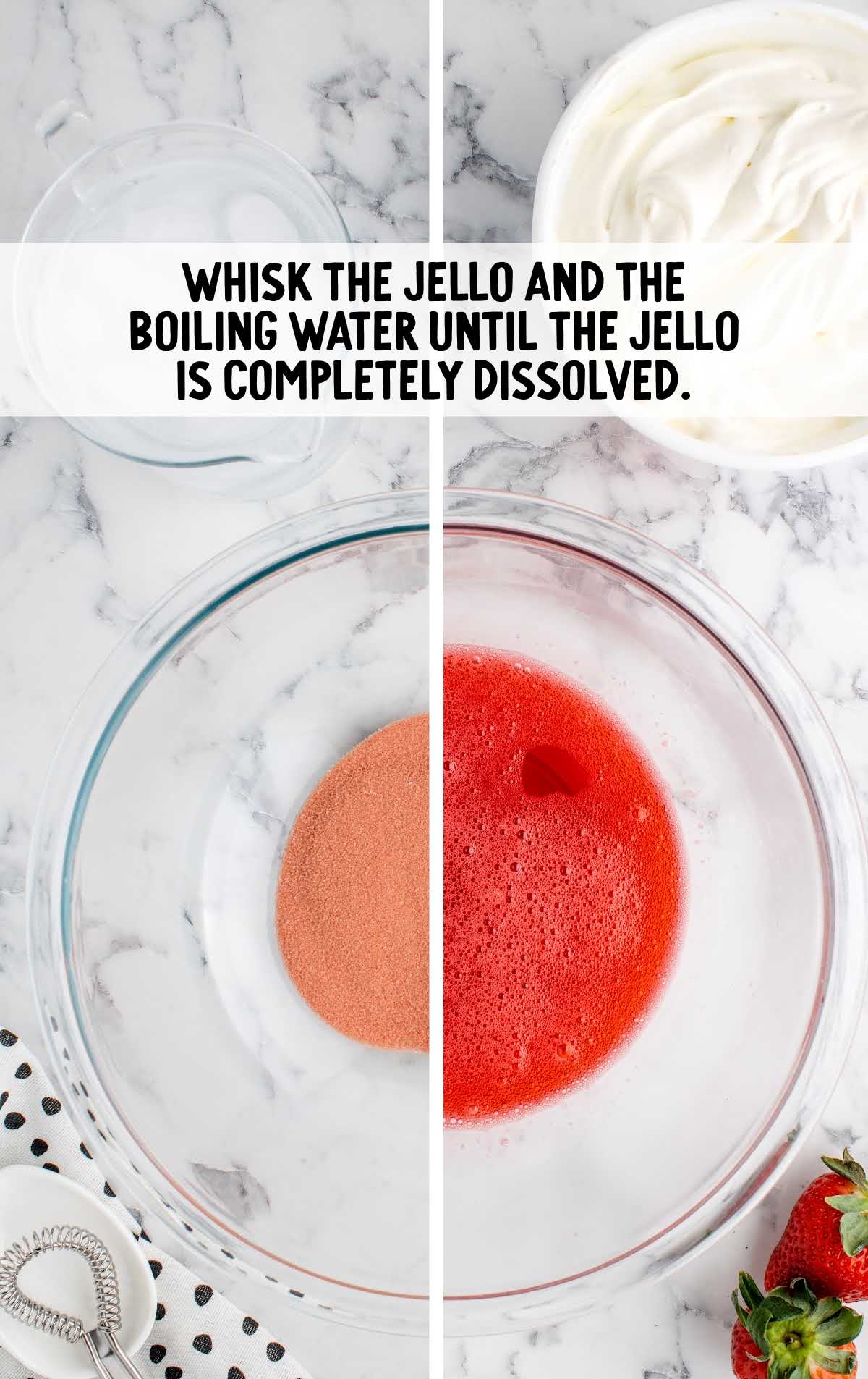jello and boiling water whisked in a bowl