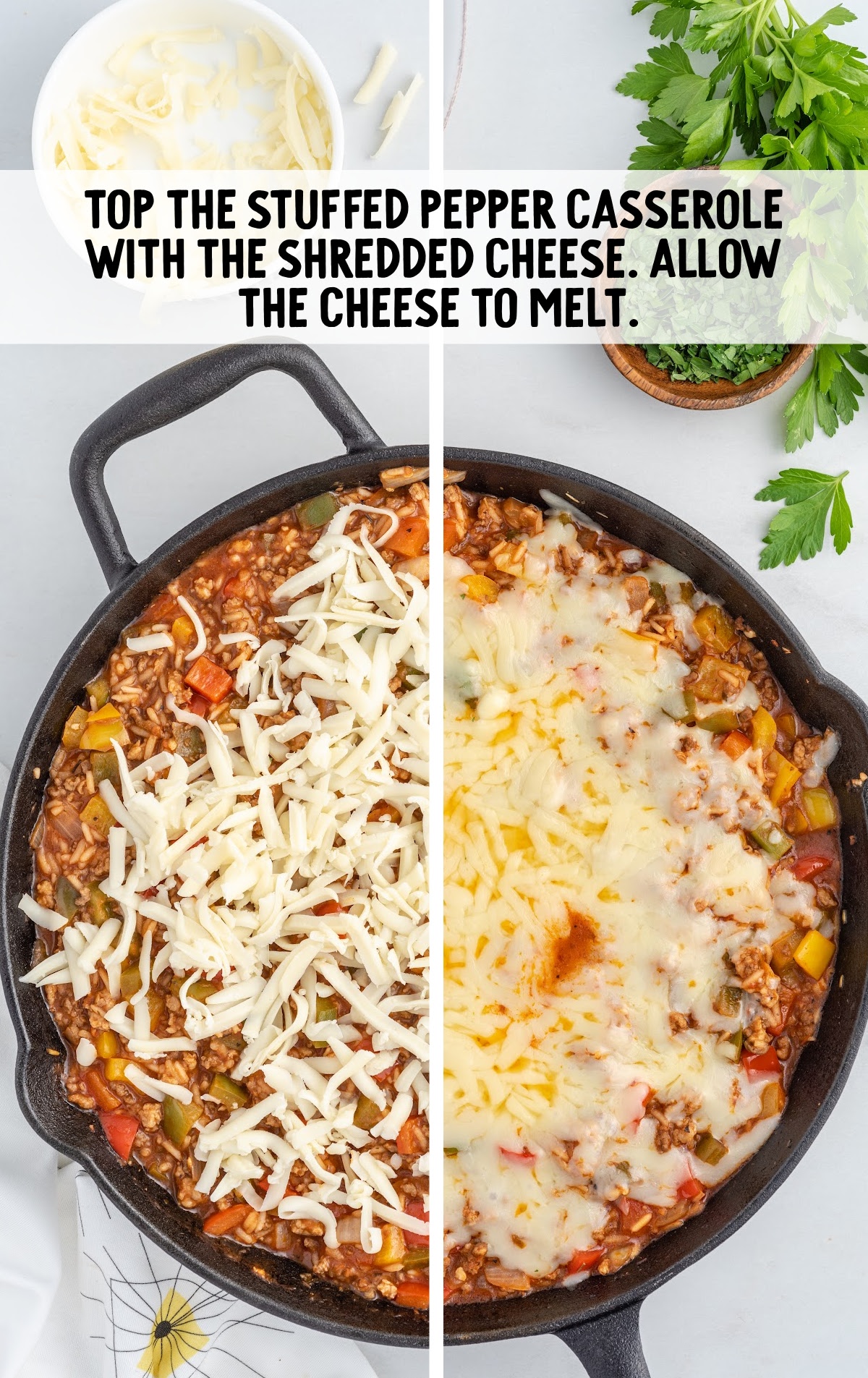 stuffed pepper casserole topped with shredded cheese