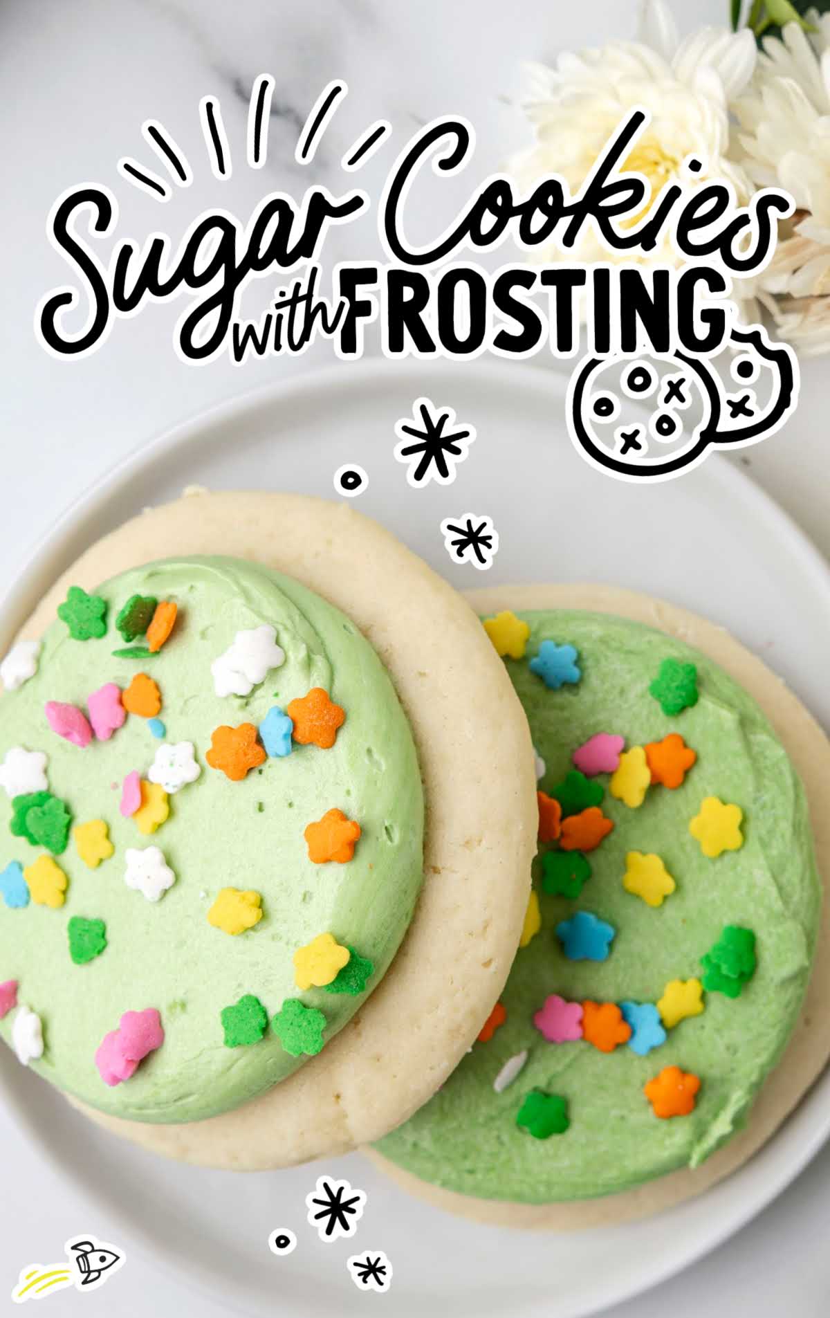 overhead shot of Sugar Cookies with Frosting on a plate