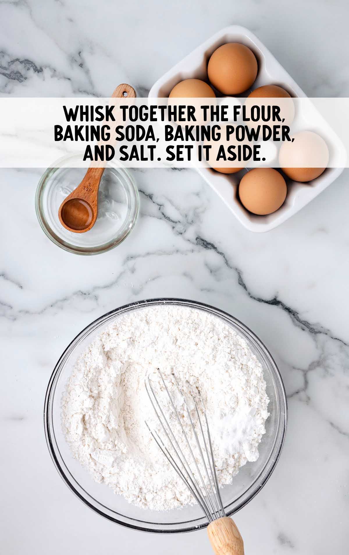 flour, baking soda, baking powder, and salt whisked together