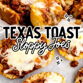 overhead shot of Texas Toast Sloppy Joes in a baking dish and a close up shot of a Texas Toast Sloppy Joe with a bite taken out of it