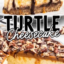 a close up shot of a slice of Turtle Cheesecake on a plate and a close up shot of Turtle Cheesecake with a couple of pieces taken out