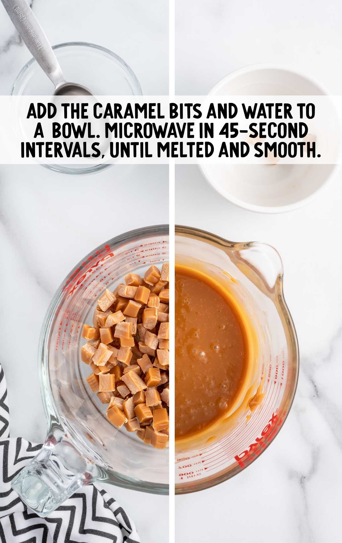 caramel bites and water added to a bowl