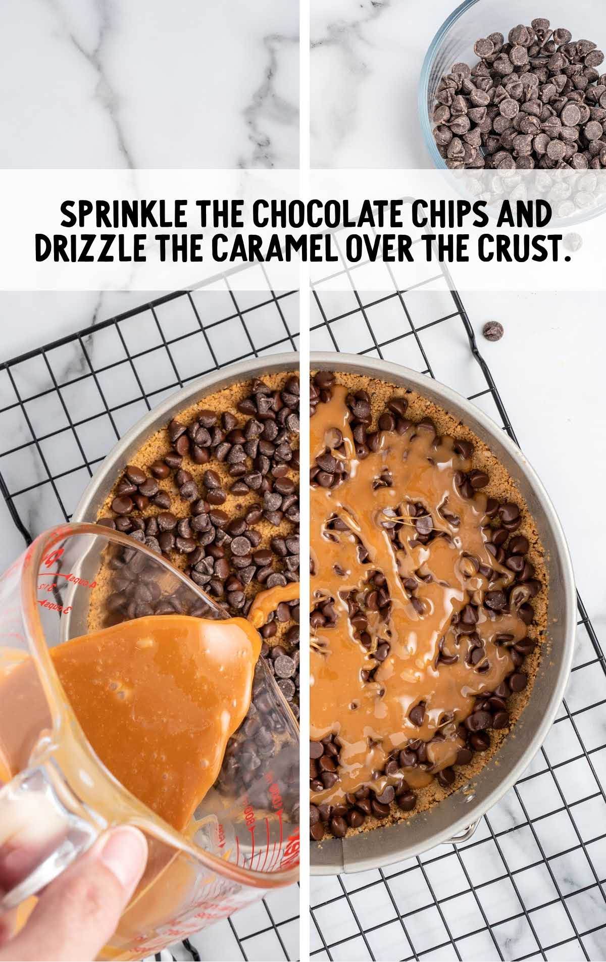 chocolate chip sprinkled over the crust and drizzle caramel over