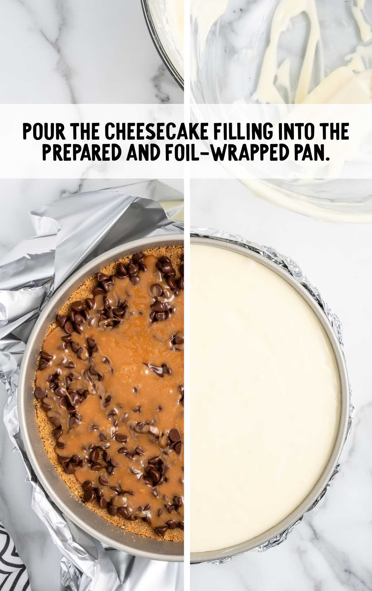 cheesecake filling poured into a prepared pan