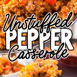 a close up shot of a fork with a piece of Unstuffed Pepper Casserole and a close up shot of a close up shot of a spoon with a piece of Unstuffed Pepper Casserole in a pan with a spoon