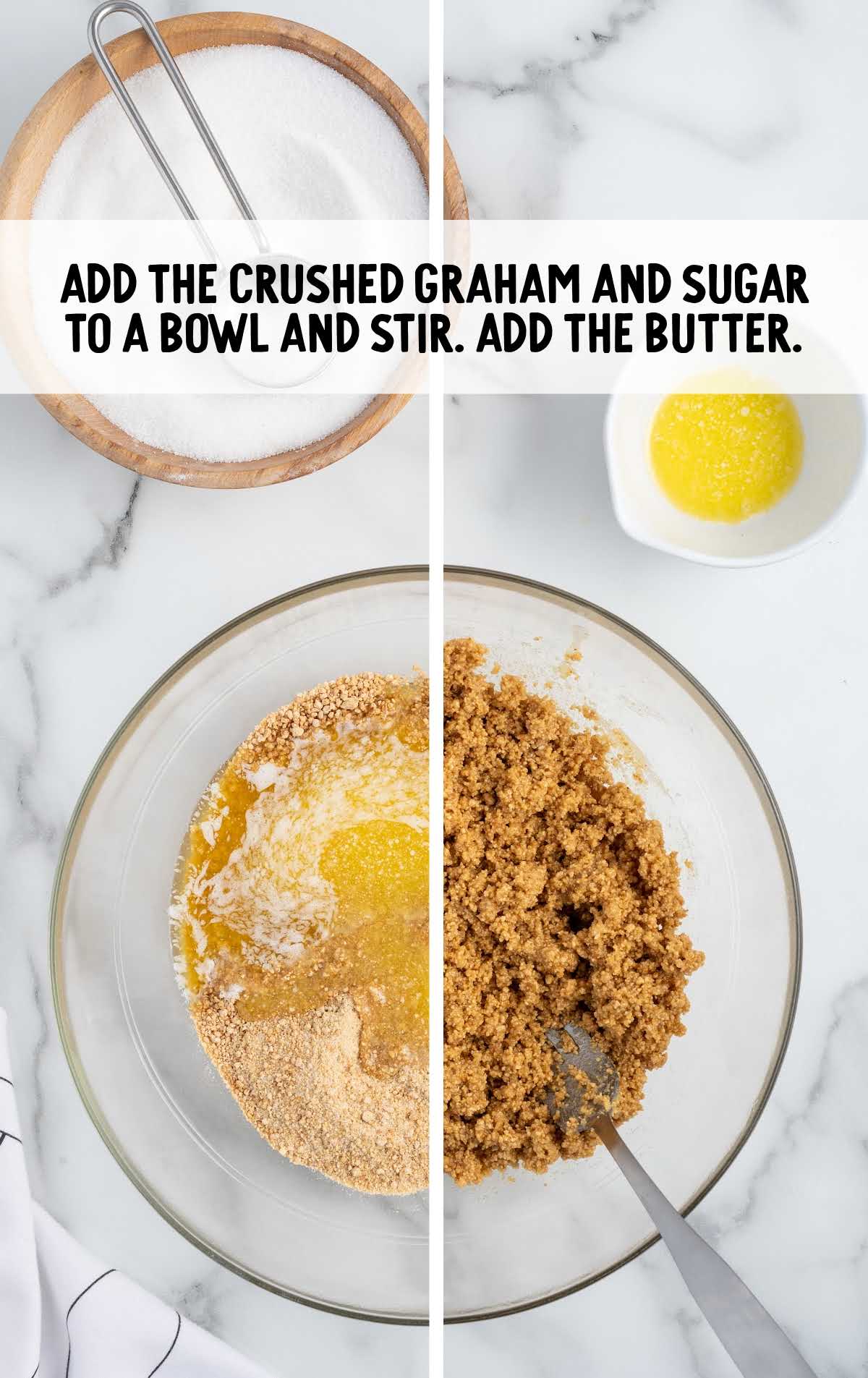 crushed graham and sugar added to a bowl