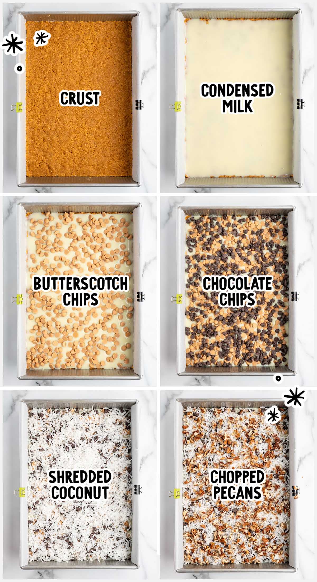 Step-by-step process images showing how to layer ingredients for 7 layer bars in a baking pan.