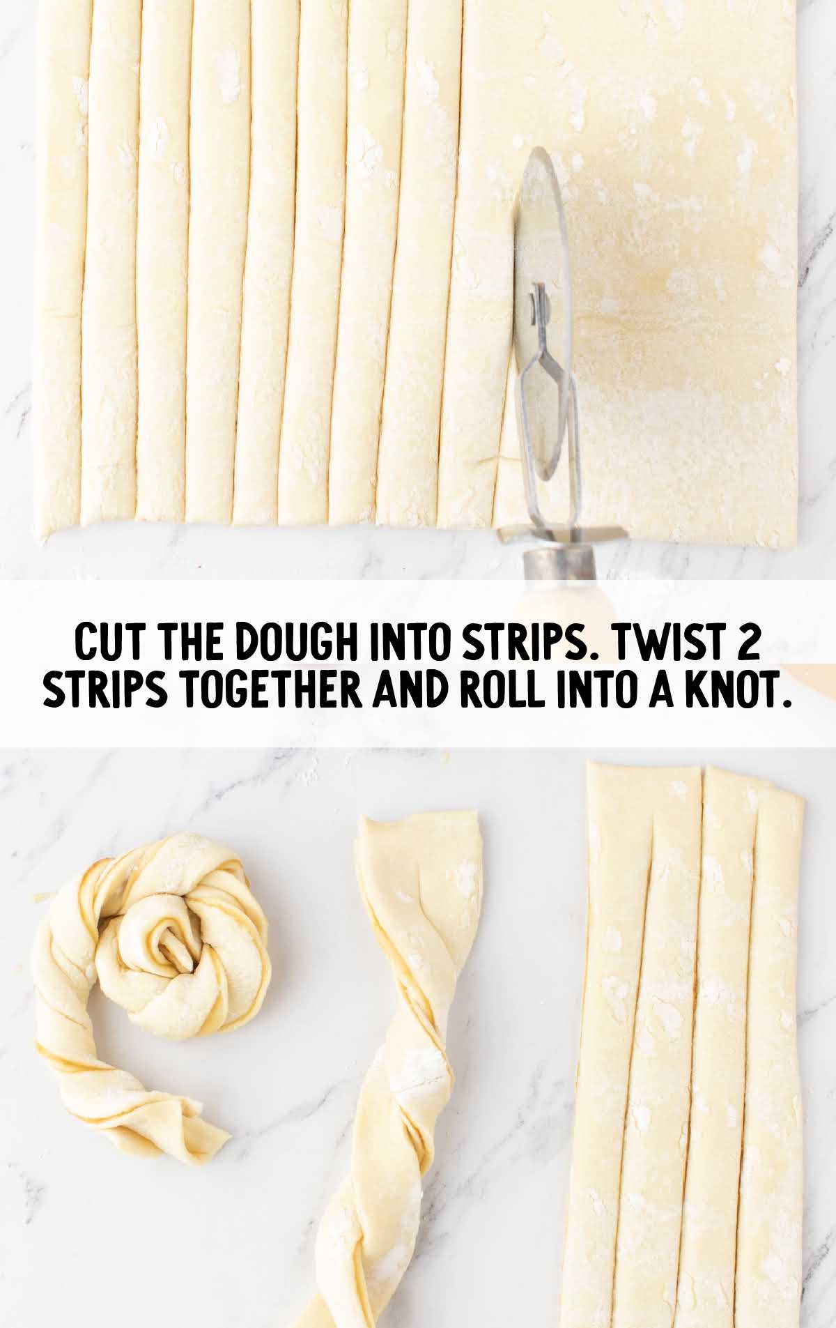 dough strips and twist 2 strips together and rolled into a knot