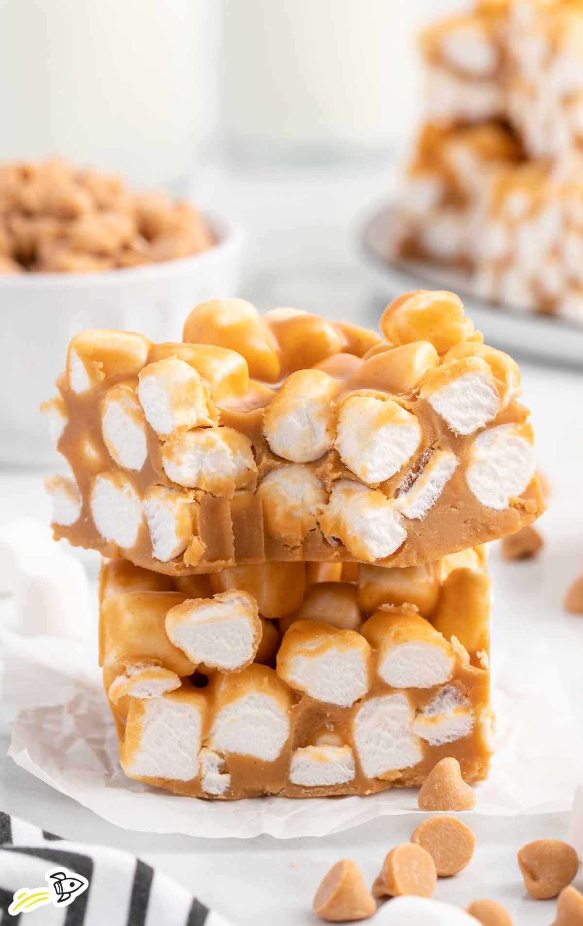 a close up shot of Butterscotch Marshmallow Bars on top of each other
