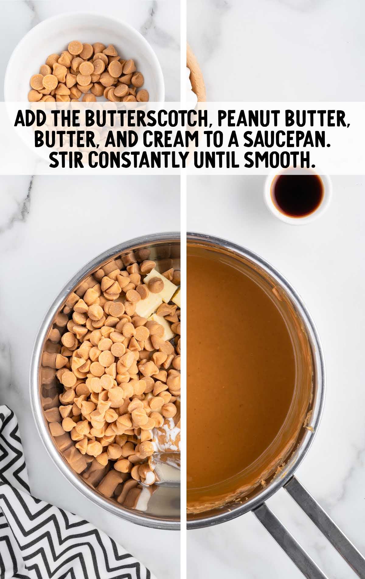 butterscotch, peanut butter, butter, and cream added to a pan