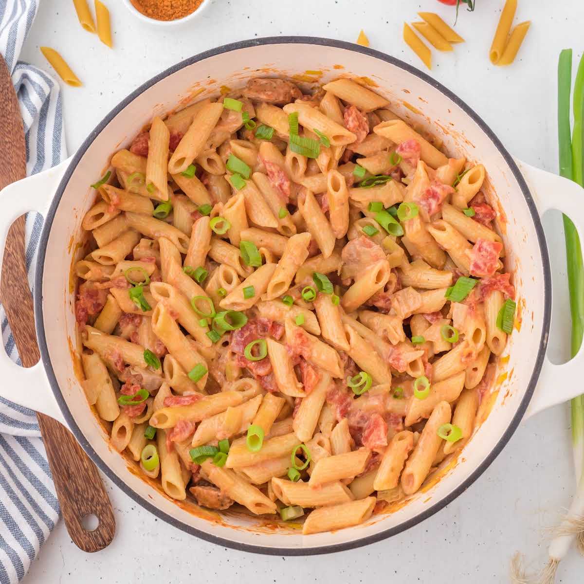 overhead shot of Cajun Pasta in a pot