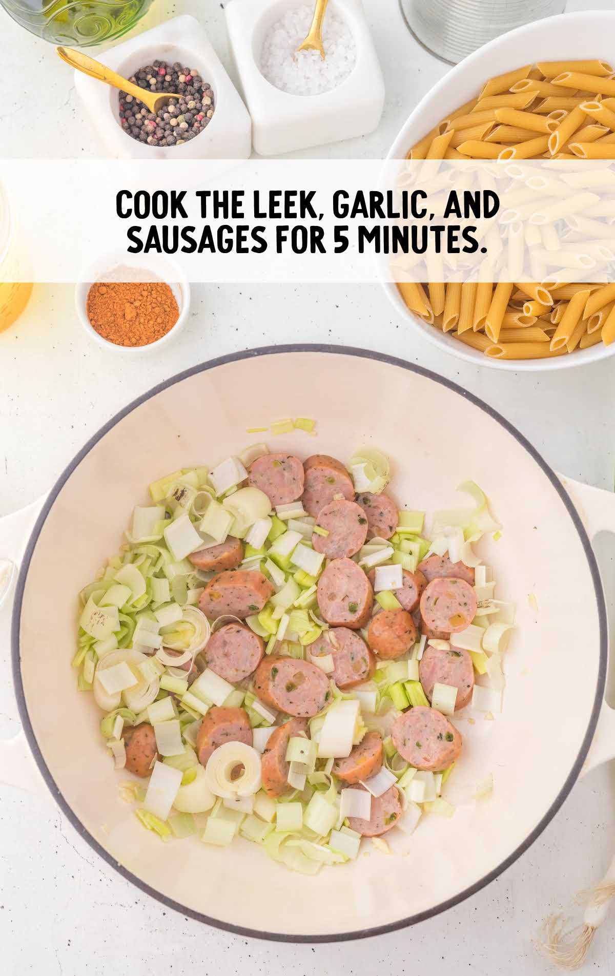 leek, garlic, and sausage cooked