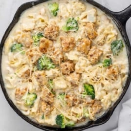Chicken broccoli tortellini in cast iron pan ready to serve