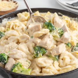 A spoon is lifting a scoop of Chicken Tortellini out of a pa.