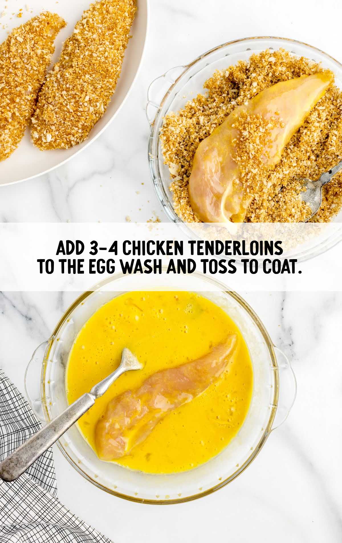 Chicken Tenderloins coated in the egg wash in a bowl