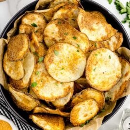 overhead shot of Air Fryer Chips in a bowl