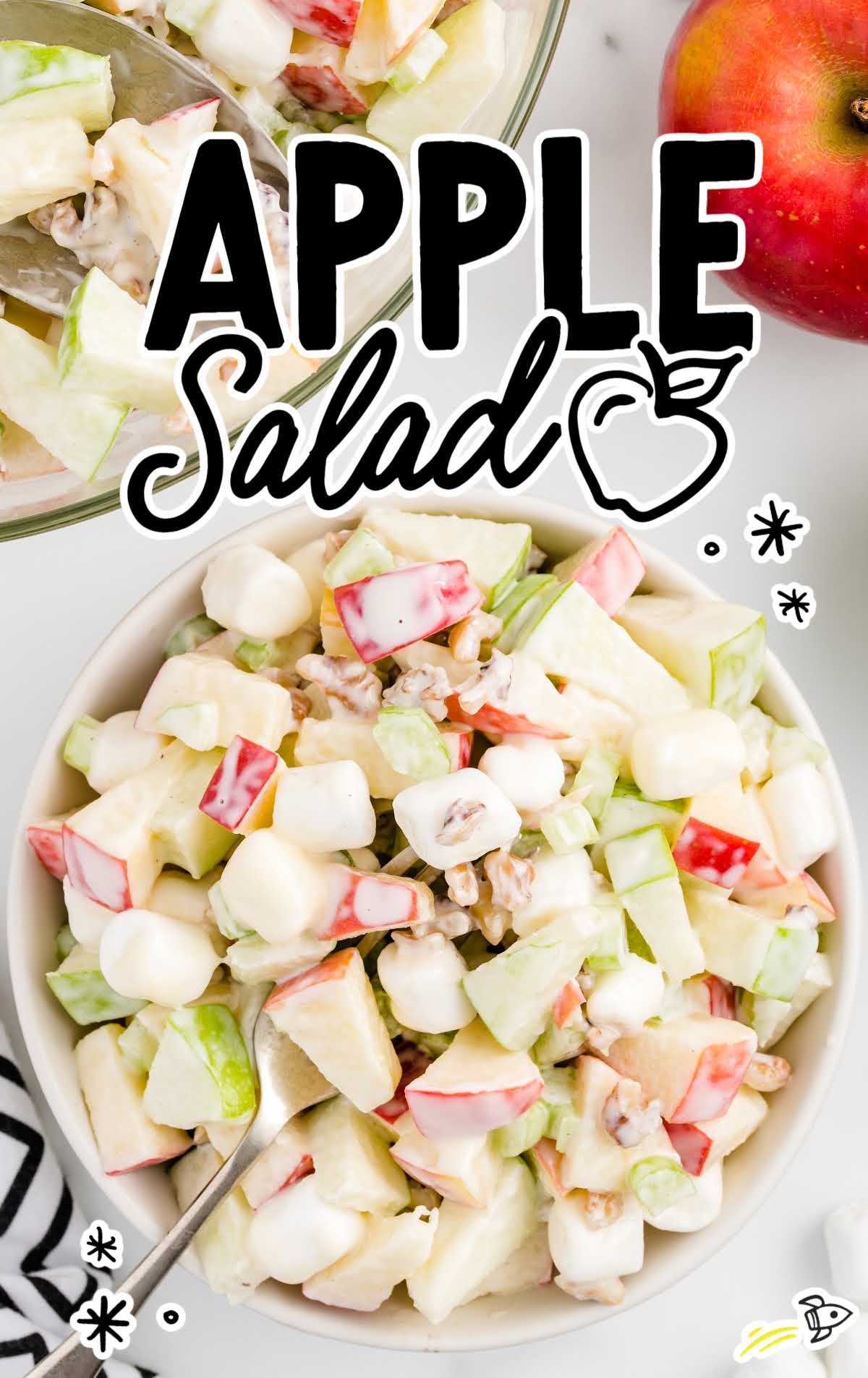 overhead shot of a bowl of Apple Salad drizzled with sauce