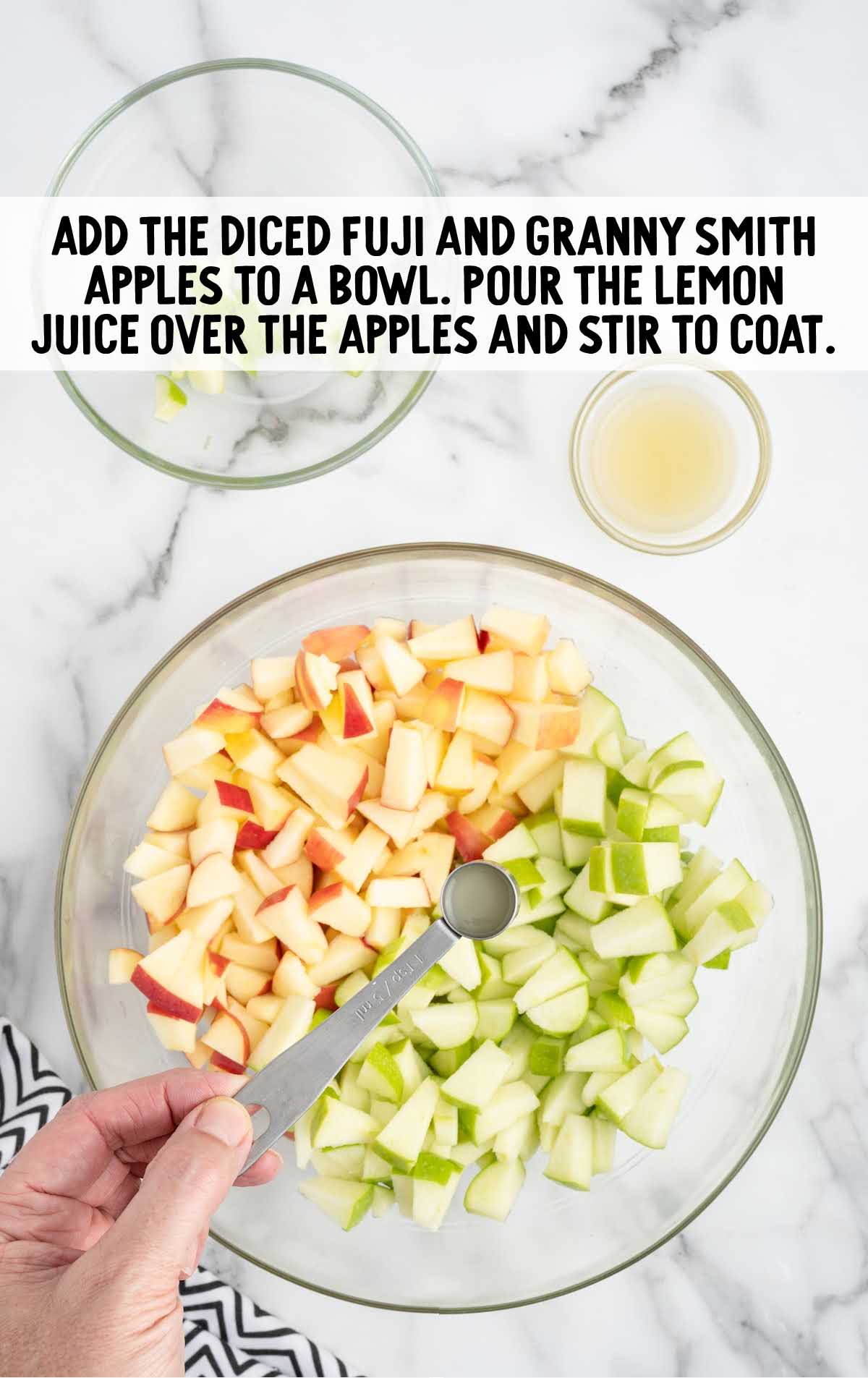 diced Fuji apples, diced Granny Smith apples, and lemon juice added to the bowl