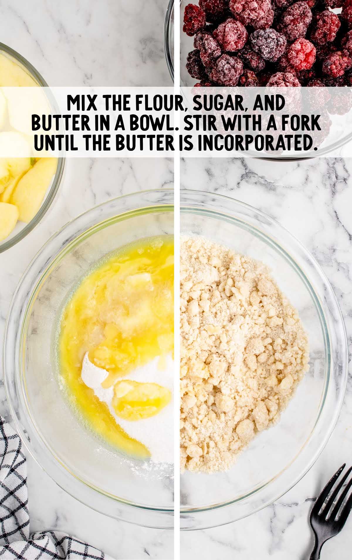 flour, sugar, and melted butter combined in a bowl