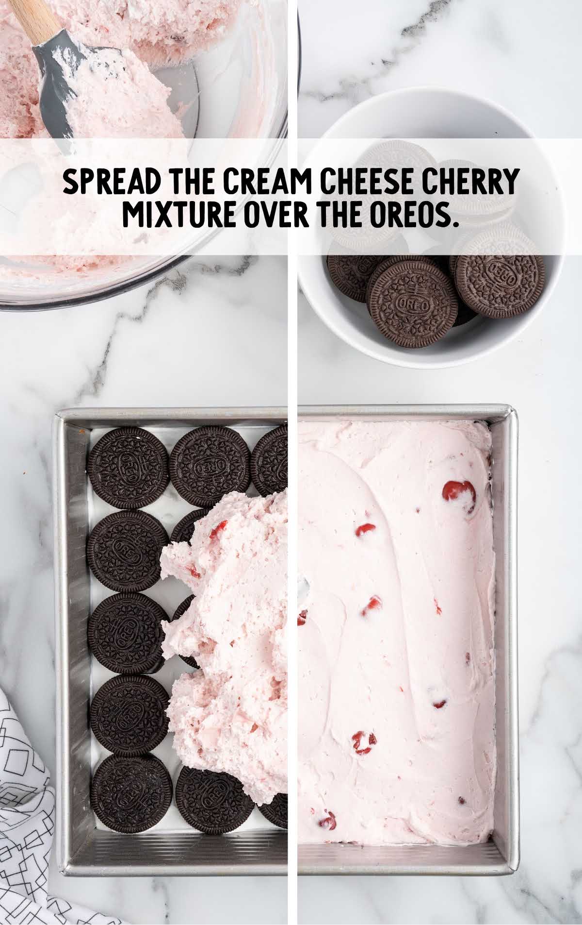 cream cheese cherry mixture spread on top of the chocolate Oreos in a baking dish