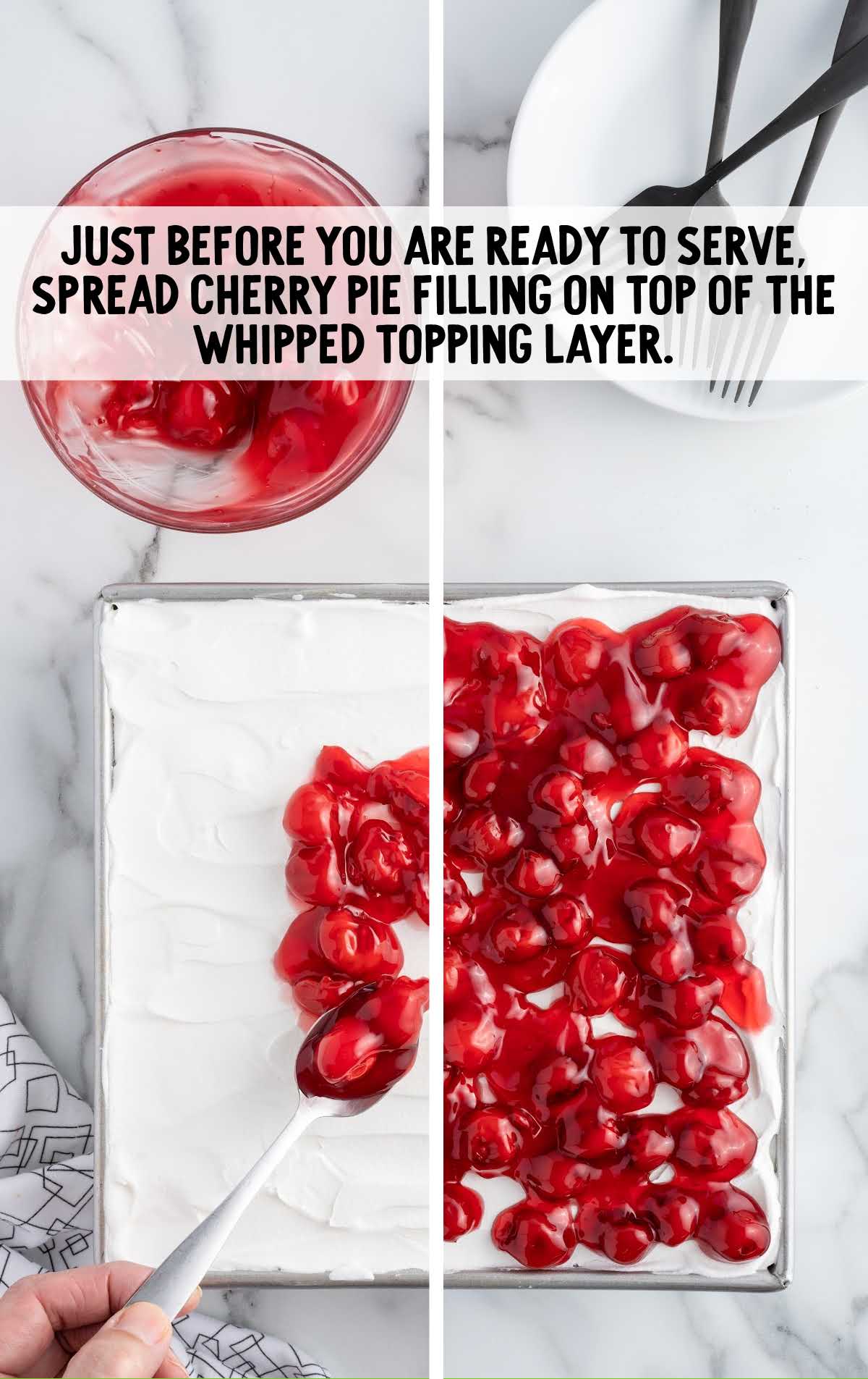 cake topped with cherry pie filling in a baking dish