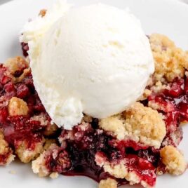 close up shot of a piece of Blackberry Crumble topped with vanilla ice cream on a plate