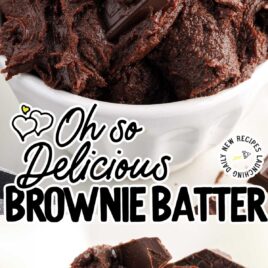 a close-up shot of Brownie Batter in a bowl and a close-up shot of a spoonful of Brownie Batter