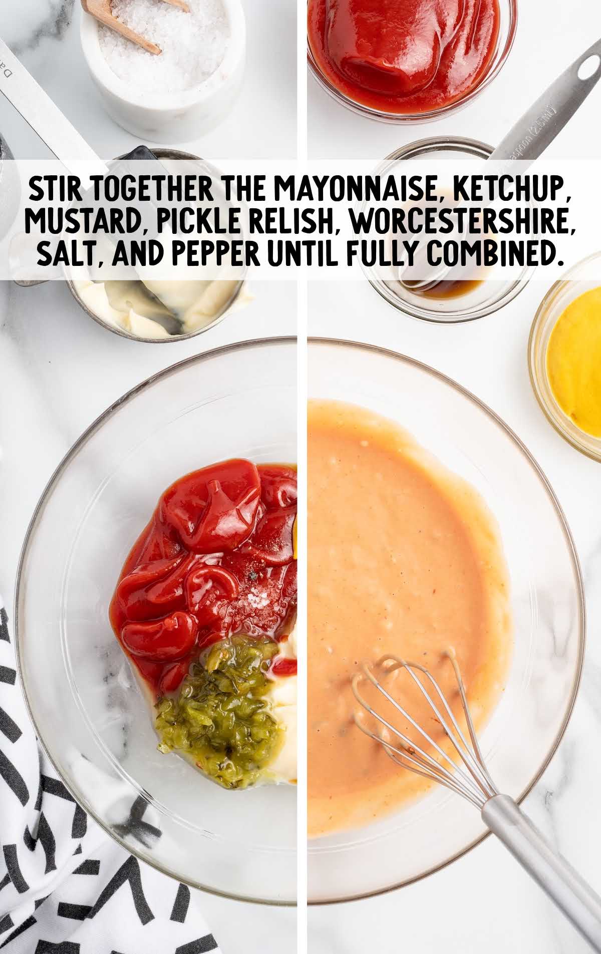 mayonnaise, ketchup, yellow mustard, sweet pickle relish, Worcestershire sauce, salt, and pepper combined in a bowl