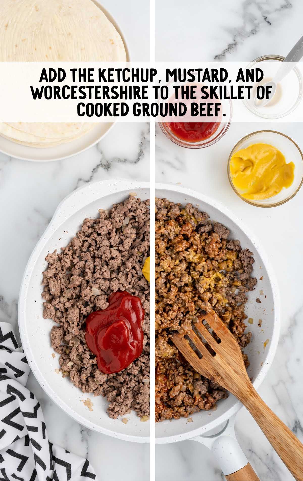 ketchup, yellow mustard, and Worcestershire sauce added to the skillet of ground beef
