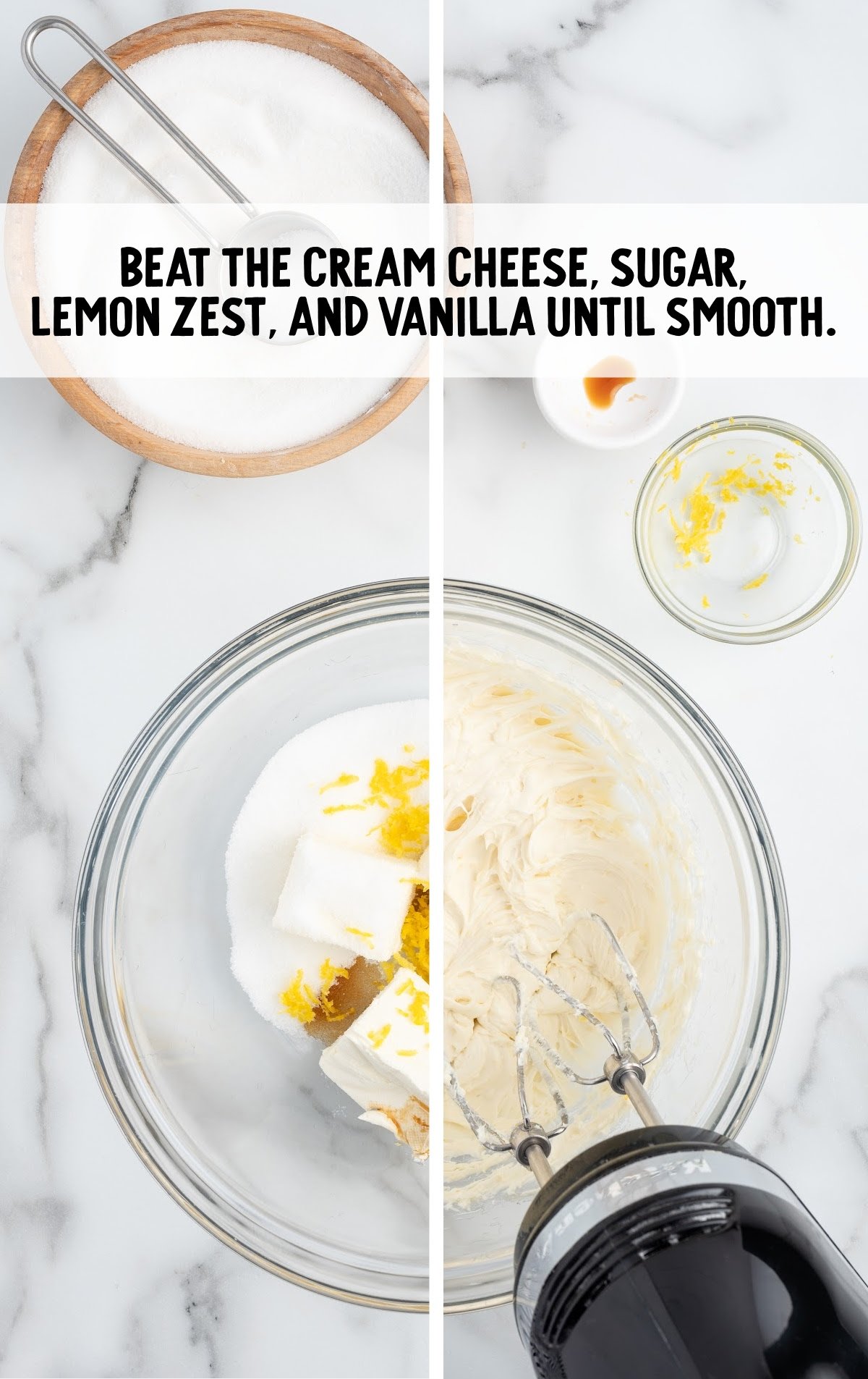 cream cheese, sugar, lemon zest, and vanilla blended together