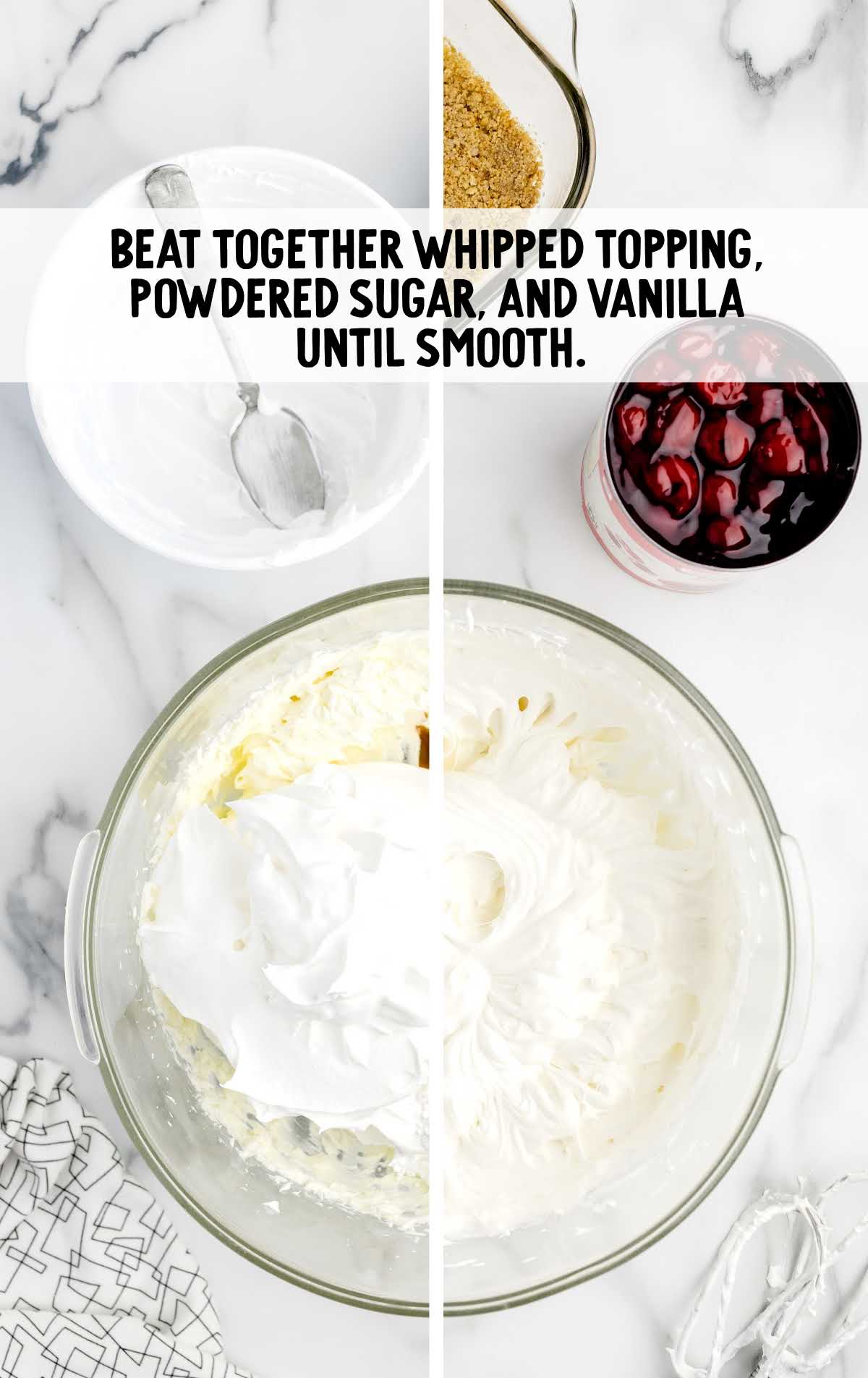 whipped topping, powdered sugar, and vanilla combined in a bowl