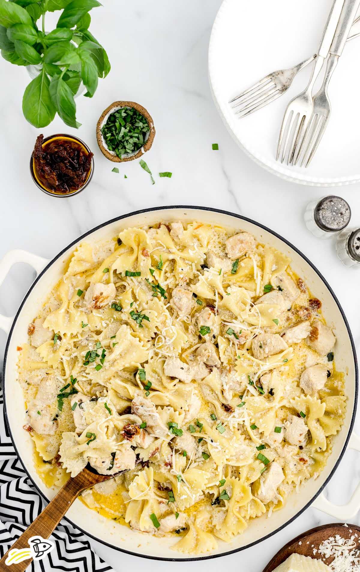 overhead shot of Creamy Bowtie Pasta in a skillet