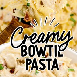 close up shot of Creamy Bowtie Pasta in a bowl