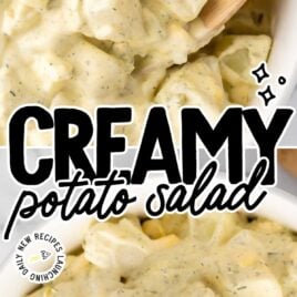 a close-up shot of Creamy Potato Salad in a bowl and an overhead shot of a wooden spoon grabbing a piece of Creamy Potato Salad