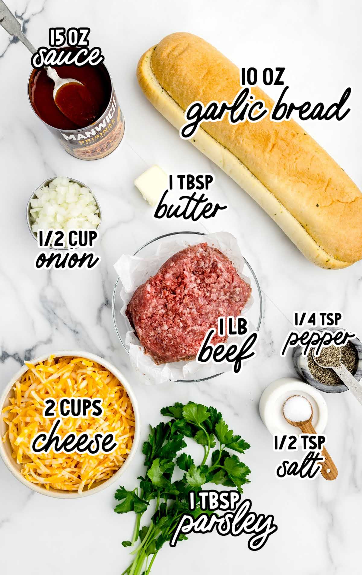 Garlic Bread Sloppy Joes raw ingredients that are labeled