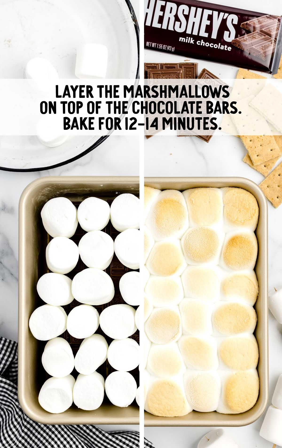 marshmallows placed on top of the chocolate bars in a baking dish