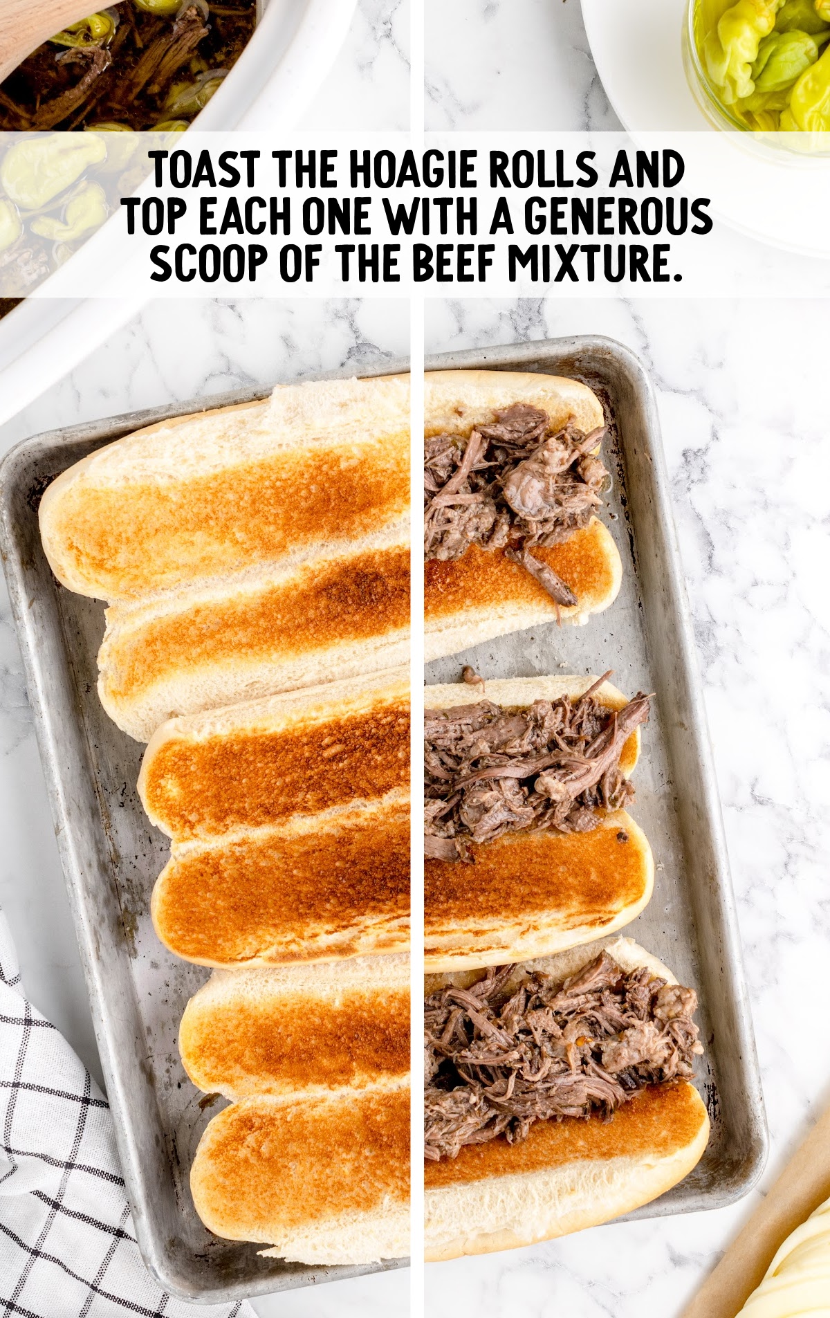 hoagie rolls topped with the shredded beef mixture