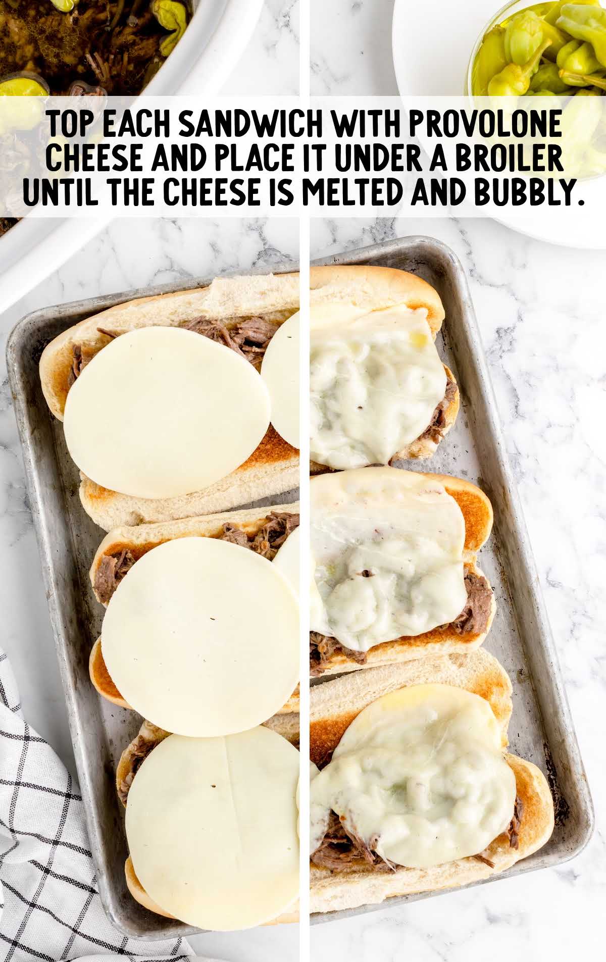 sandwiches topped with provolone cheese