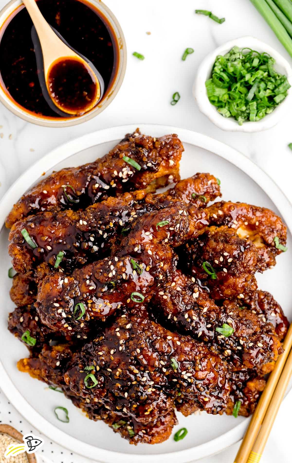 overhead shot of Korean Chicken on a plate