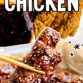 close up shot of chopsticks grabbing a piece of Korean Chicken