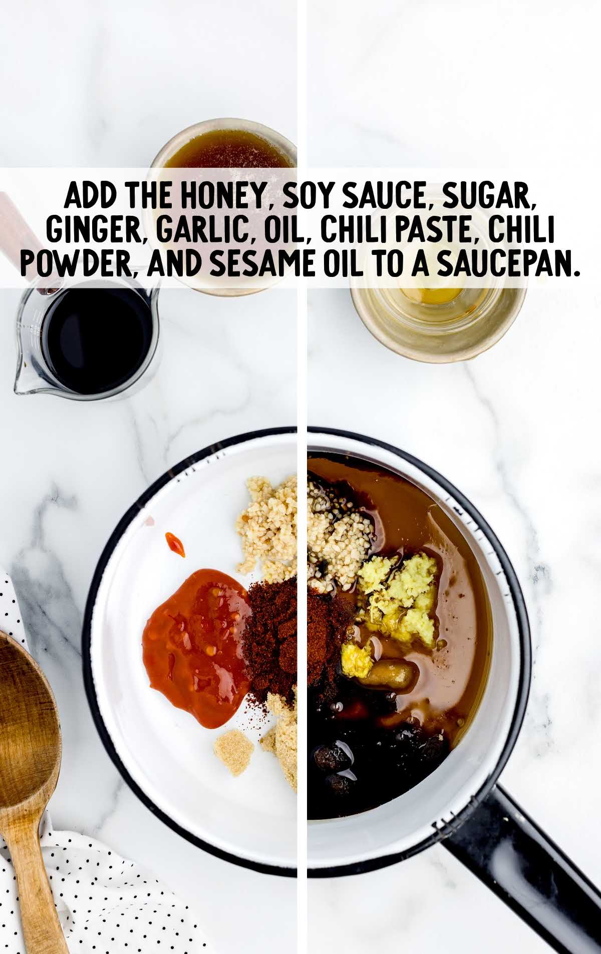 honey, soy sauce, sugar, ginger, garlic oil, chili paste, chili powder, and sesame oil combined together in a saucepan