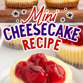 a Mini Cheesecake topped with pie filling on a plate