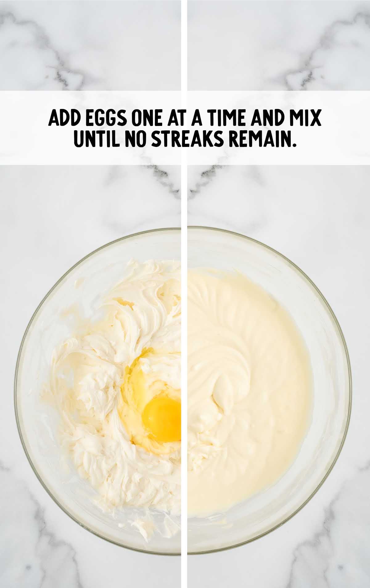 eggs combined to the cream cheese mixture in a bowl