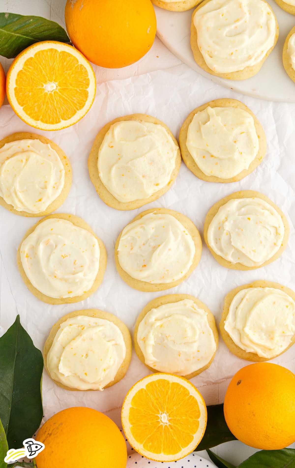 overhead shot of Orange Cookies with sliced oranges