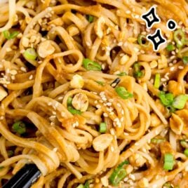 a close up shot of Peanut Noodles in a bowl with chopsticks grabbing a piece