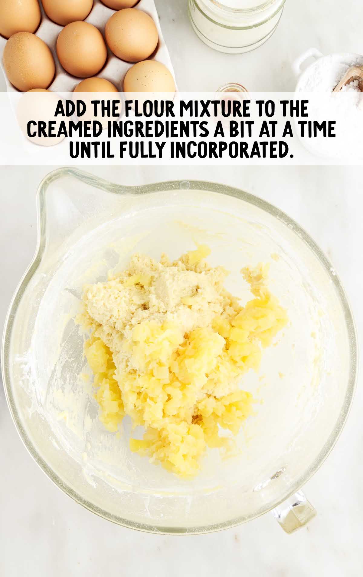 flour mixture added to the creamed ingredients